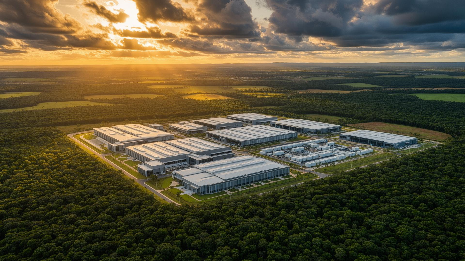 Aerial view of a Brazilian data center campus at sunset
